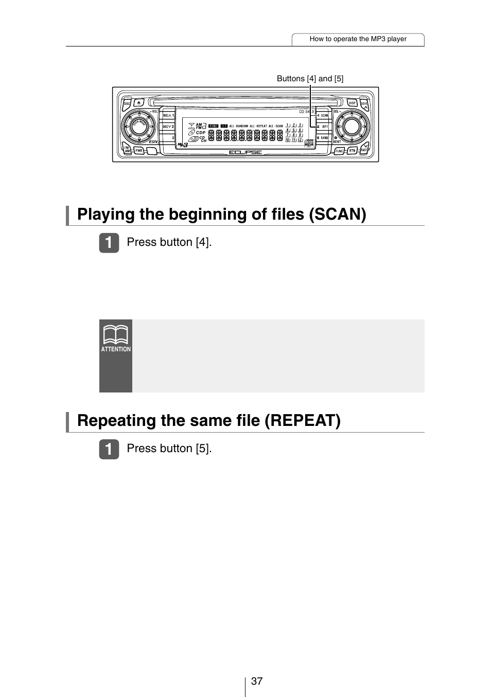 Playing the beginning of files (scan), Repeating the same file (repeat) | Eclipse - Fujitsu Ten CH3083  EN User Manual | Page 37 / 76