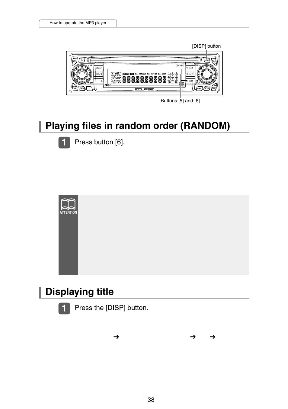 Playing files in random order (random), Displaying title | Eclipse - Fujitsu Ten CH3083  EN User Manual | Page 38 / 76