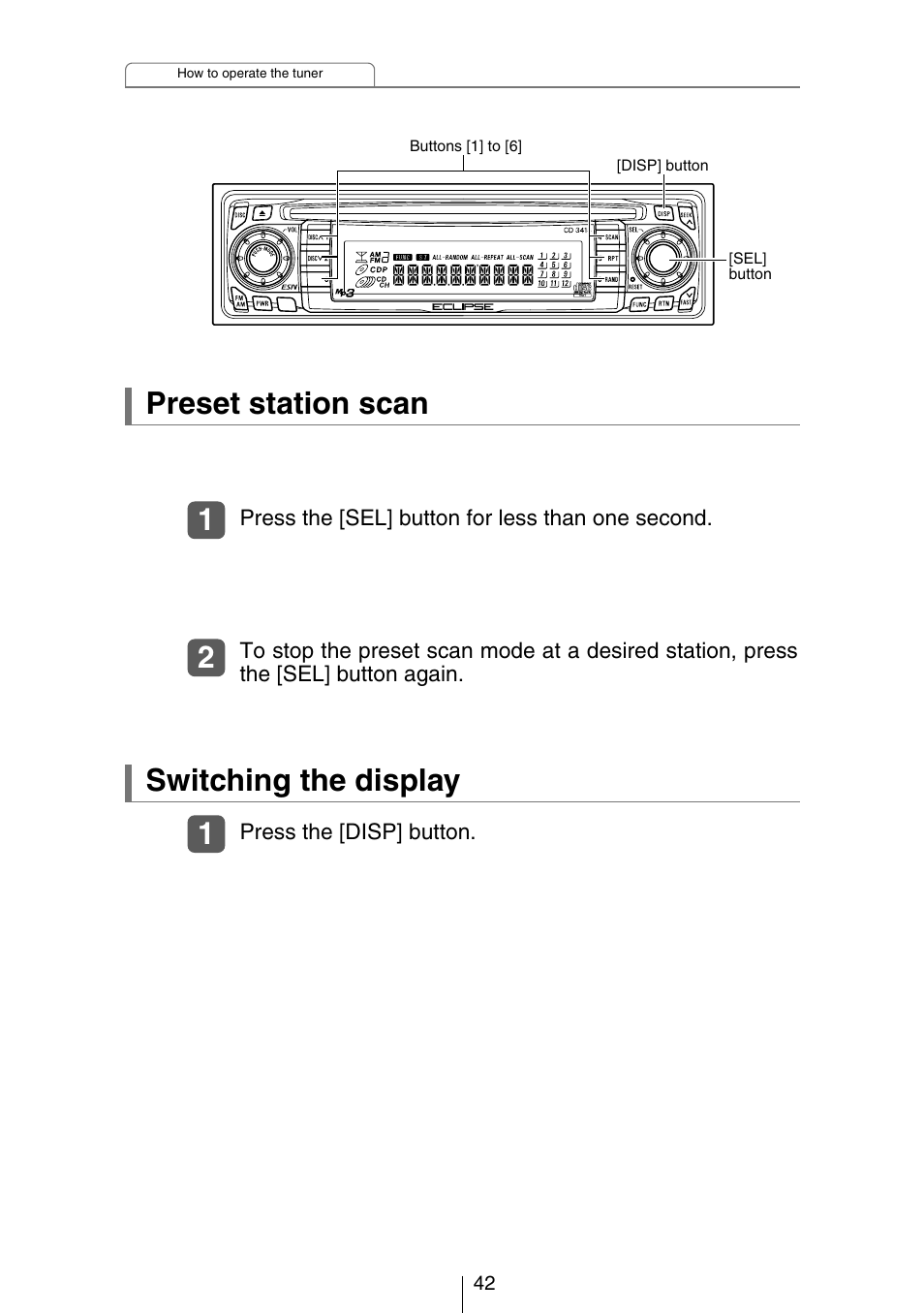 Preset station scan, Switching the display | Eclipse - Fujitsu Ten CH3083  EN User Manual | Page 42 / 76