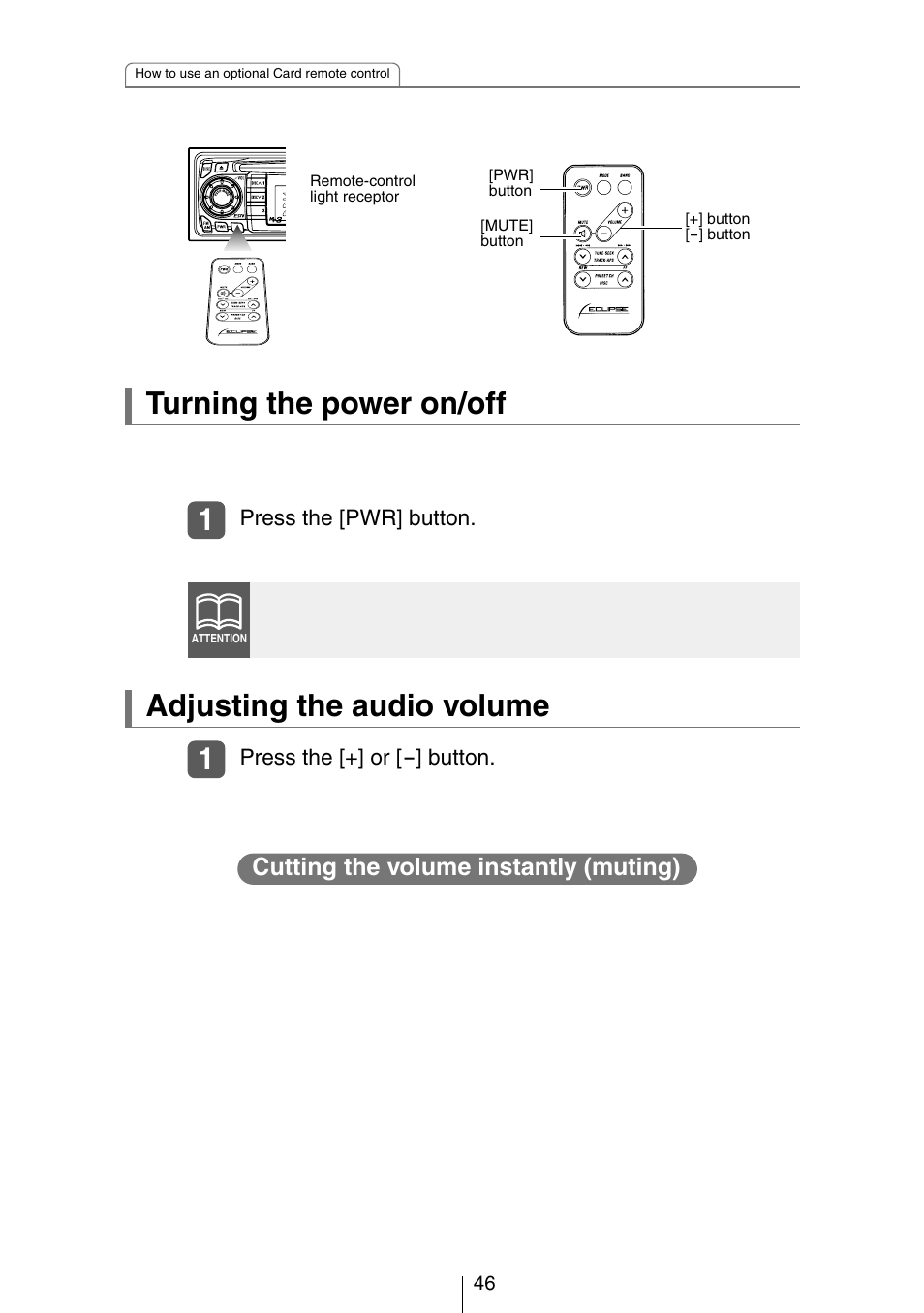 Turning the power on/off, Adjusting the audio volume, Cutting the volume instantly (muting) | Eclipse - Fujitsu Ten CH3083  EN User Manual | Page 46 / 76