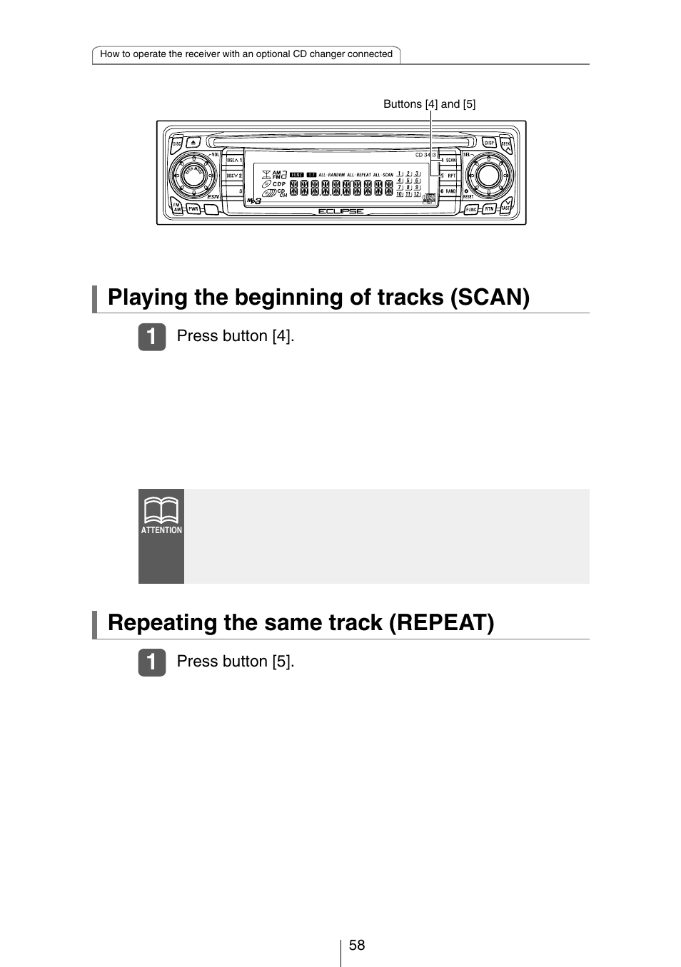 Playing the beginning of tracks (scan), 1repeating the same track (repeat) | Eclipse - Fujitsu Ten CH3083  EN User Manual | Page 58 / 76