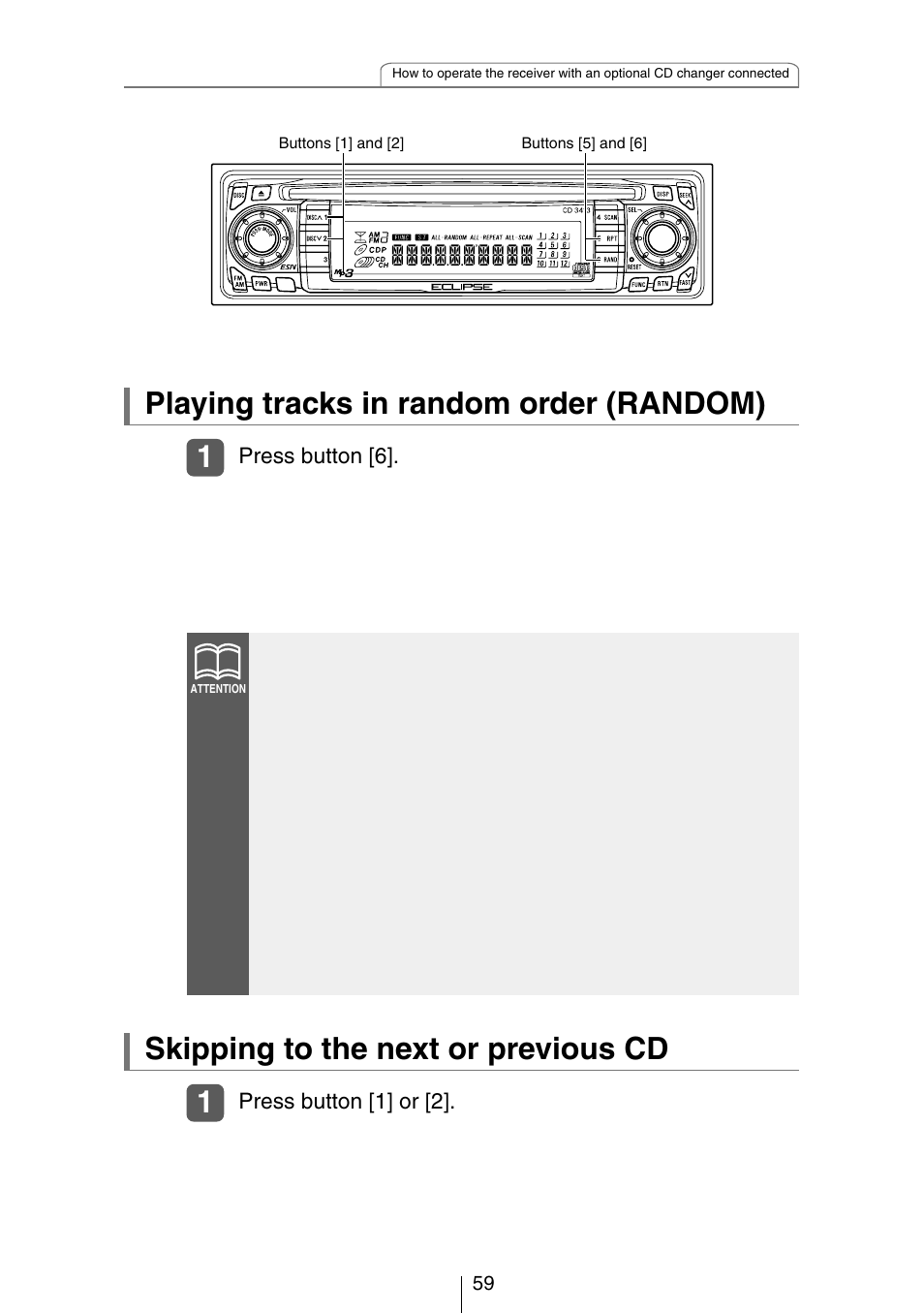 Skipping to the next or previous cd, 1playing tracks in random order (random) | Eclipse - Fujitsu Ten CH3083  EN User Manual | Page 59 / 76