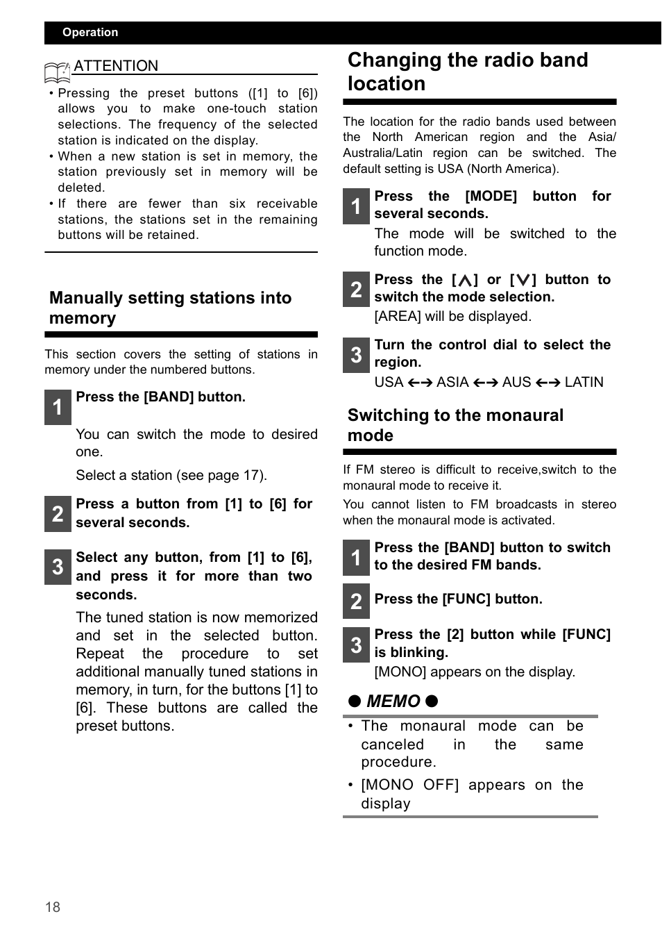 Manually setting stations into memory, Changing the radio band location, Switching to the monaural mode | Eclipse - Fujitsu Ten CD1000 User Manual | Page 18 / 99