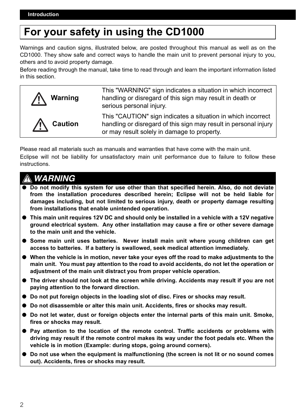 For your safety in using the cd1000, Warning | Eclipse - Fujitsu Ten CD1000 User Manual | Page 2 / 99