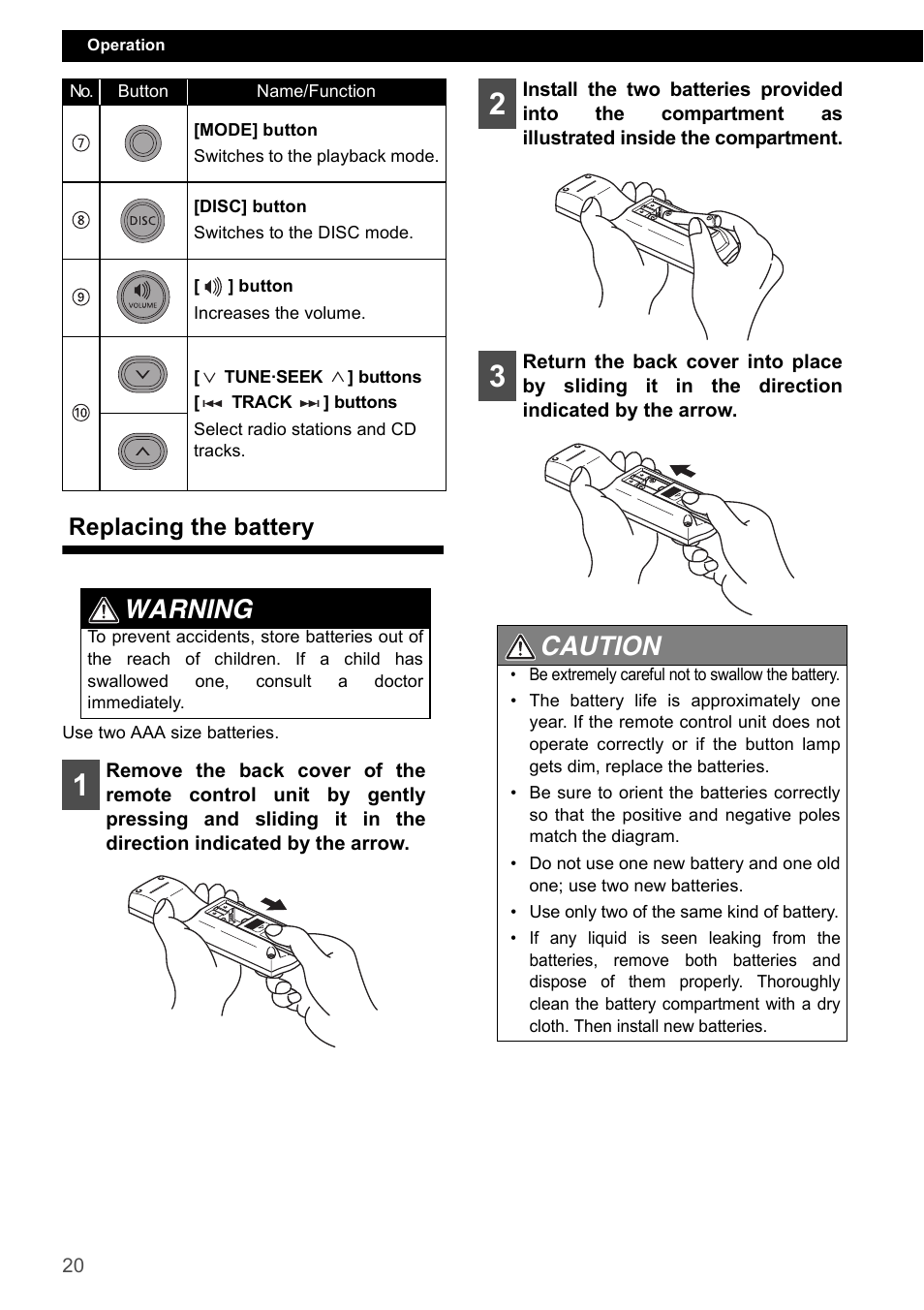 Replacing the battery, Warning, Caution | Eclipse - Fujitsu Ten CD1000 User Manual | Page 20 / 99