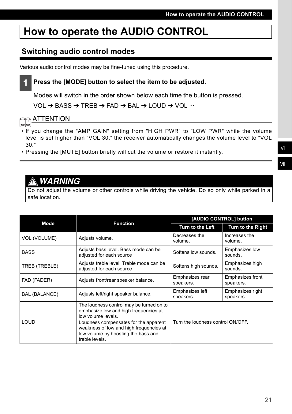 How to operate the audio control, Switching audio control modes, Warning | Attention | Eclipse - Fujitsu Ten CD1000 User Manual | Page 21 / 99