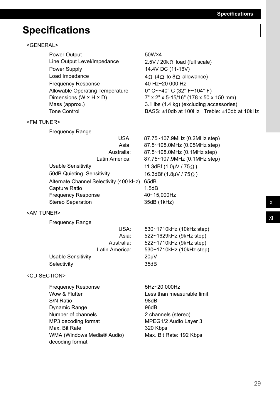 Specifications | Eclipse - Fujitsu Ten CD1000 User Manual | Page 29 / 99