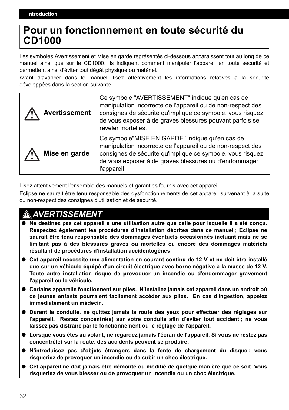 Pour un fonctionnement en toute sécurité du cd1000, Avertissement | Eclipse - Fujitsu Ten CD1000 User Manual | Page 32 / 99