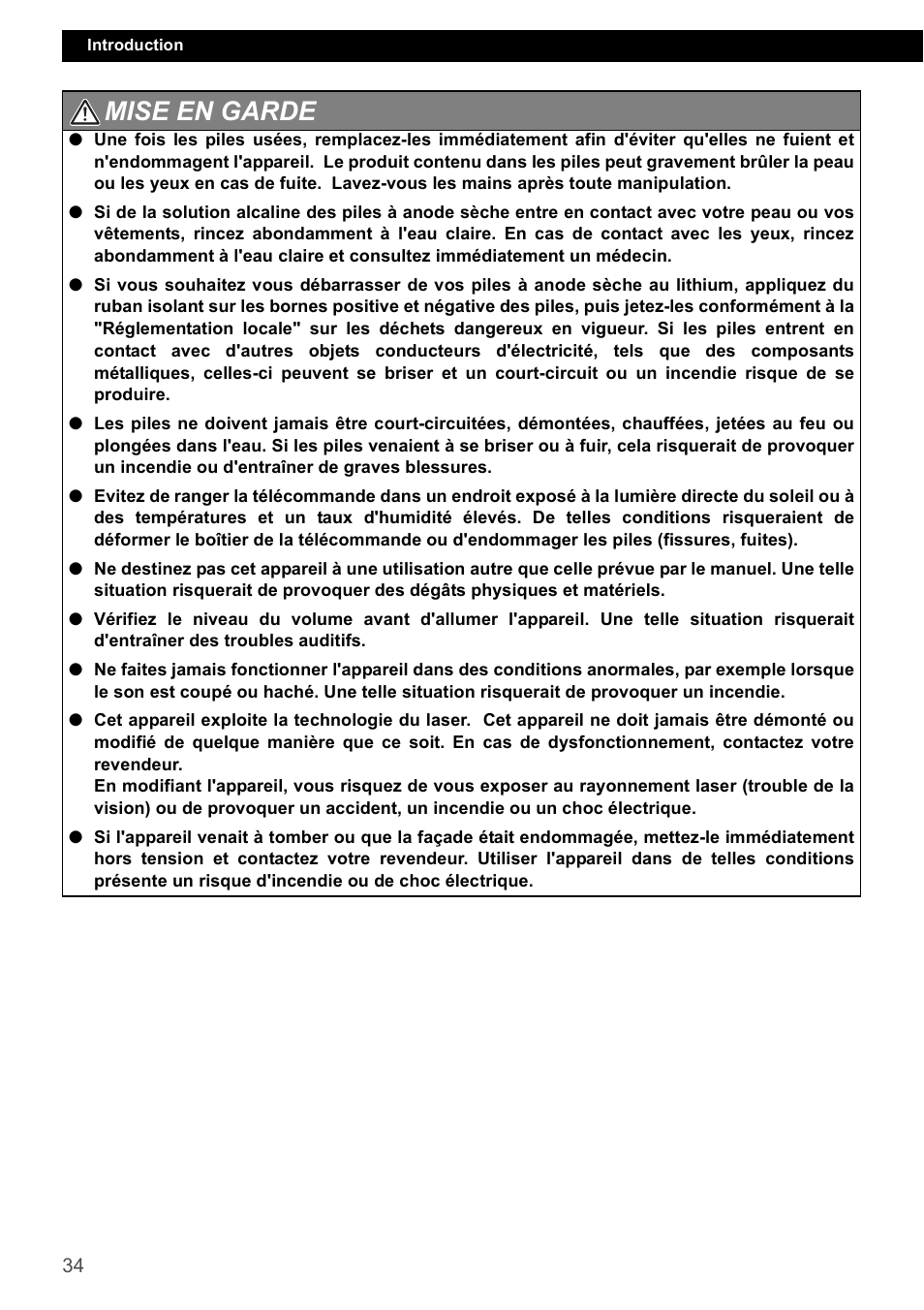 Mise en garde | Eclipse - Fujitsu Ten CD1000 User Manual | Page 34 / 99