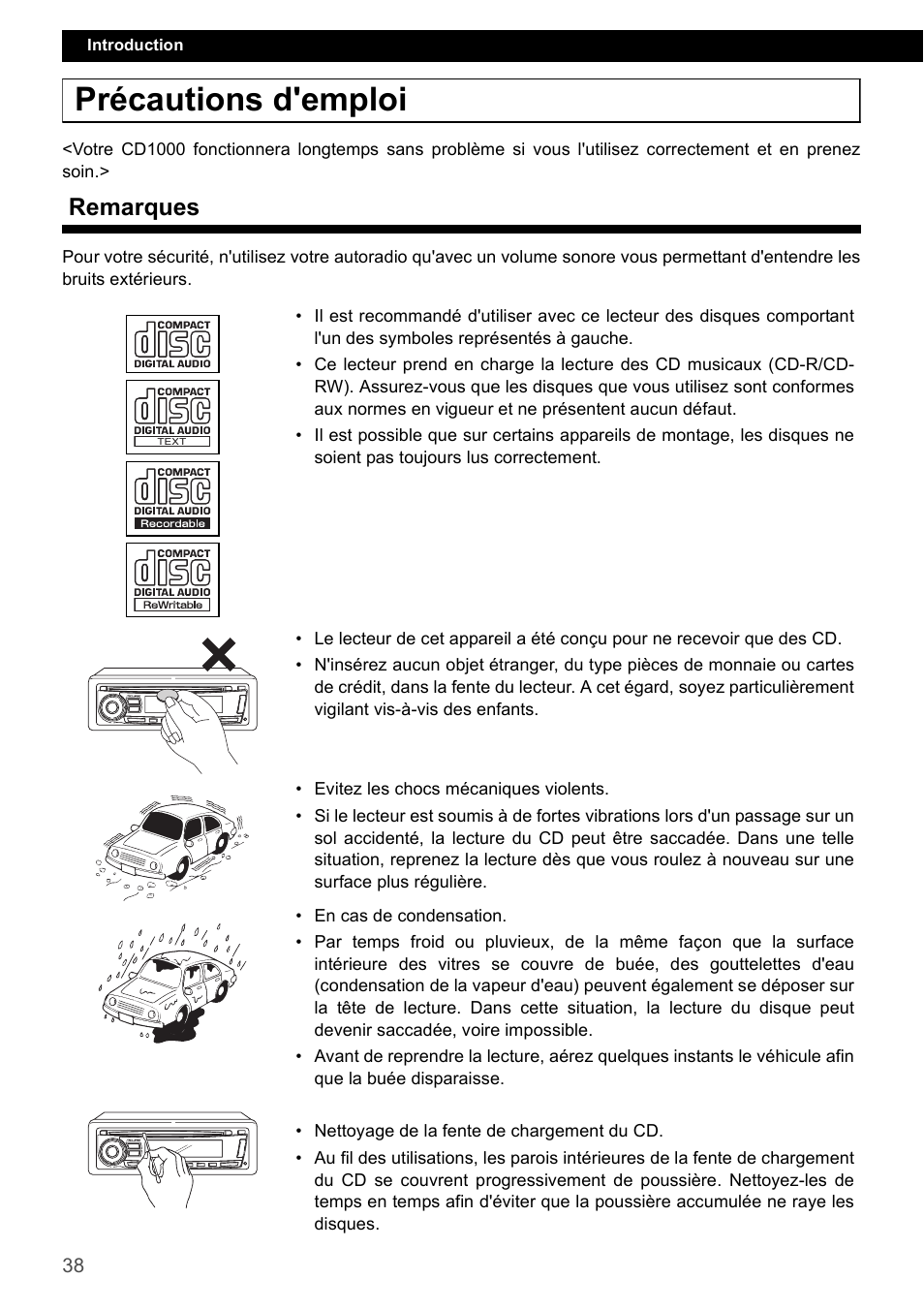 Précautions d'emploi, Remarques | Eclipse - Fujitsu Ten CD1000 User Manual | Page 38 / 99