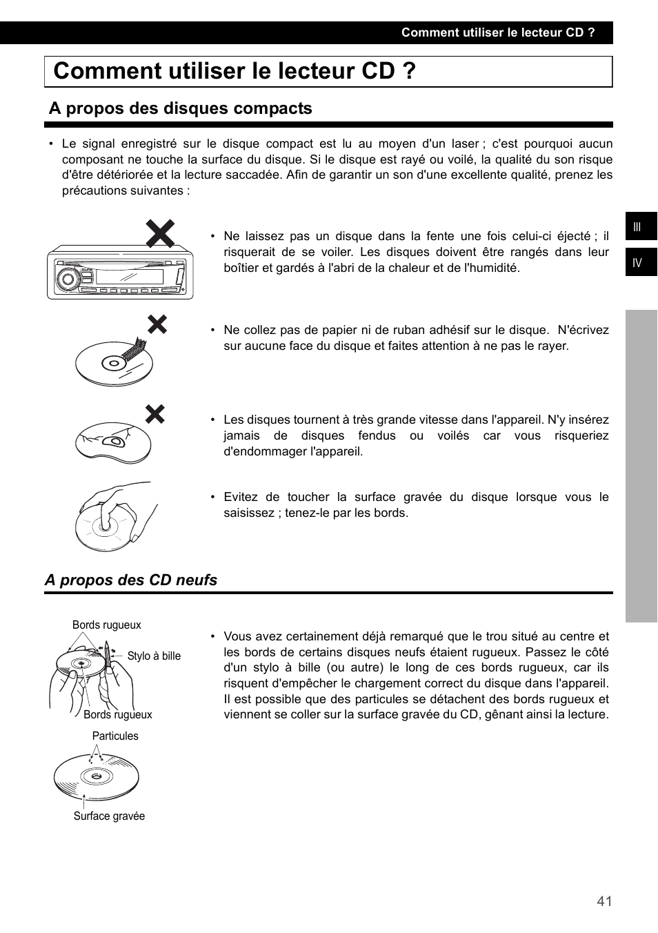 Comment utiliser le lecteur cd, A propos des disques compacts, A propos des cd neufs | Eclipse - Fujitsu Ten CD1000 User Manual | Page 41 / 99