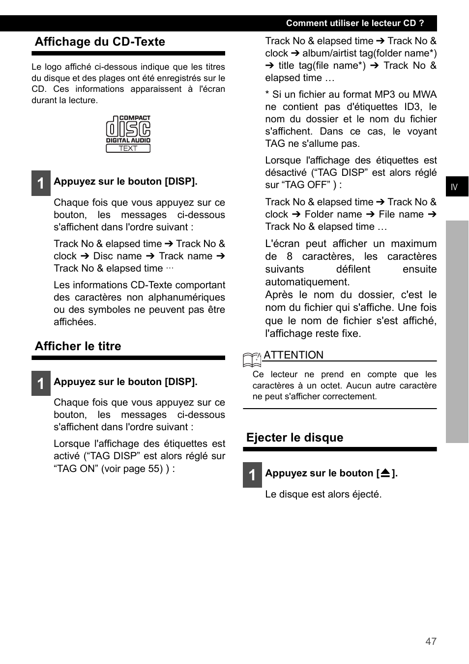 Affichage du cd-texte, Afficher le titre, Ejecter le disque | Eclipse - Fujitsu Ten CD1000 User Manual | Page 47 / 99