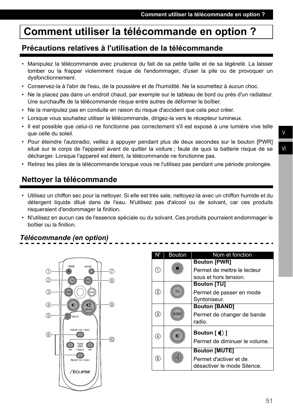 Comment utiliser la télécommande en option, Nettoyer la télécommande | Eclipse - Fujitsu Ten CD1000 User Manual | Page 51 / 99