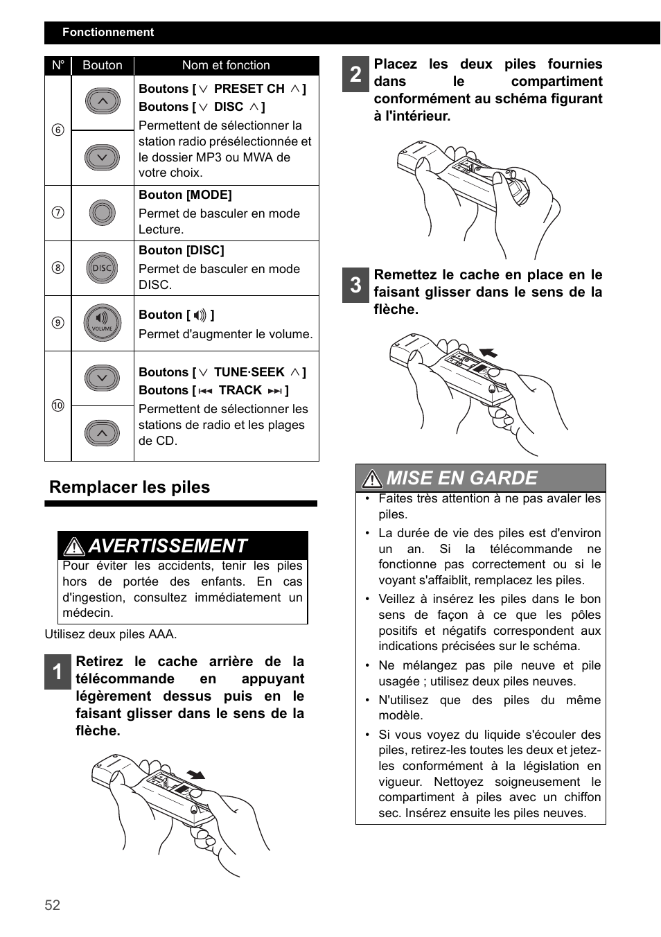 Remplacer les piles, Avertissement, Mise en garde | Eclipse - Fujitsu Ten CD1000 User Manual | Page 52 / 99