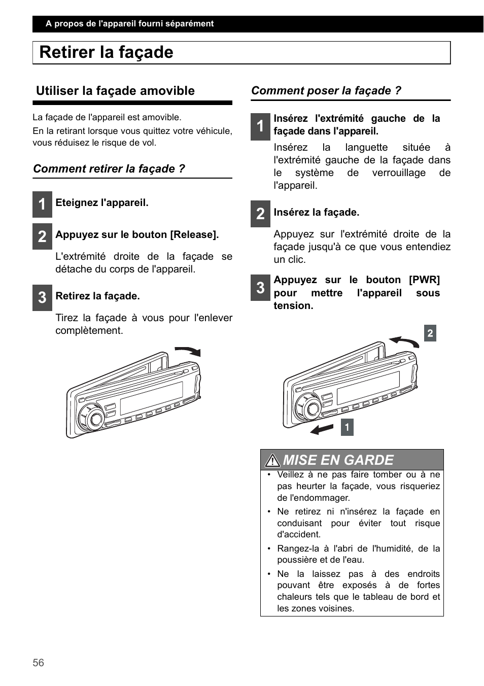 Retirer la façade, Utiliser la façade amovible, Comment retirer la façade | Comment poser la façade, Mise en garde | Eclipse - Fujitsu Ten CD1000 User Manual | Page 56 / 99