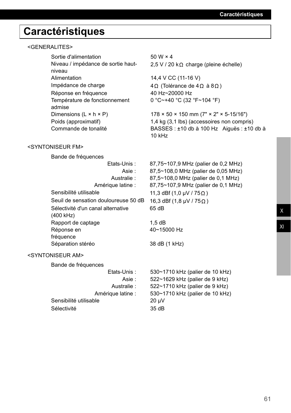 Caractéristiques | Eclipse - Fujitsu Ten CD1000 User Manual | Page 61 / 99