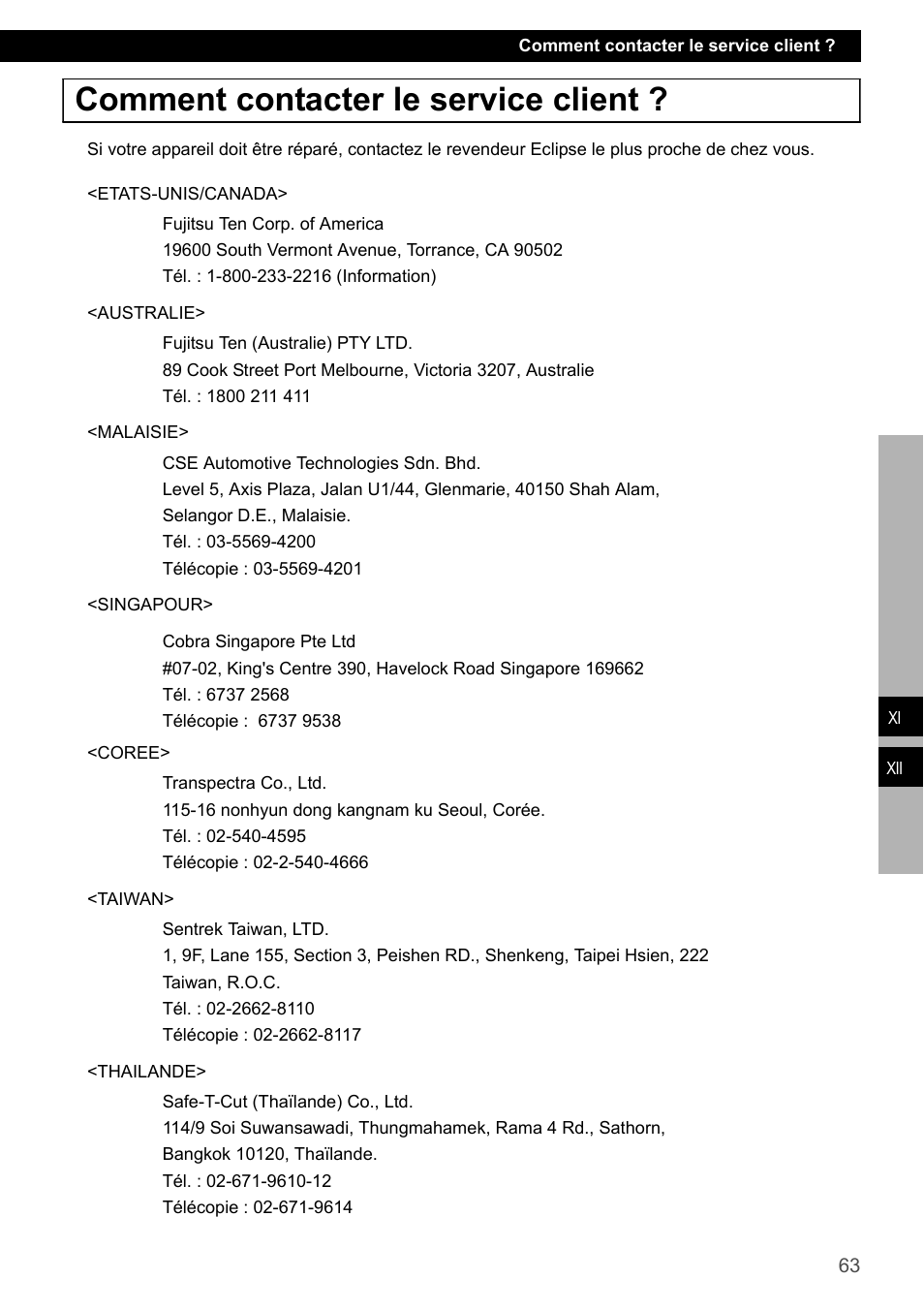 Comment contacter le service client | Eclipse - Fujitsu Ten CD1000 User Manual | Page 63 / 99