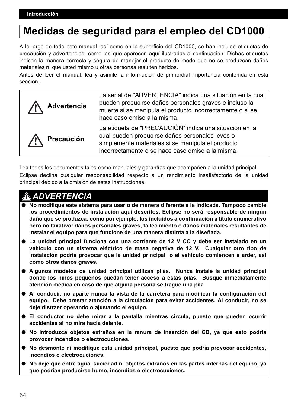 Medidas de seguridad para el empleo del cd1000, Advertencia | Eclipse - Fujitsu Ten CD1000 User Manual | Page 64 / 99