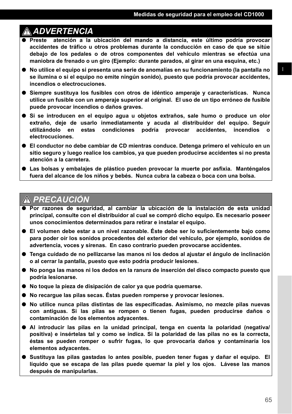 Advertencia, Precaución | Eclipse - Fujitsu Ten CD1000 User Manual | Page 65 / 99