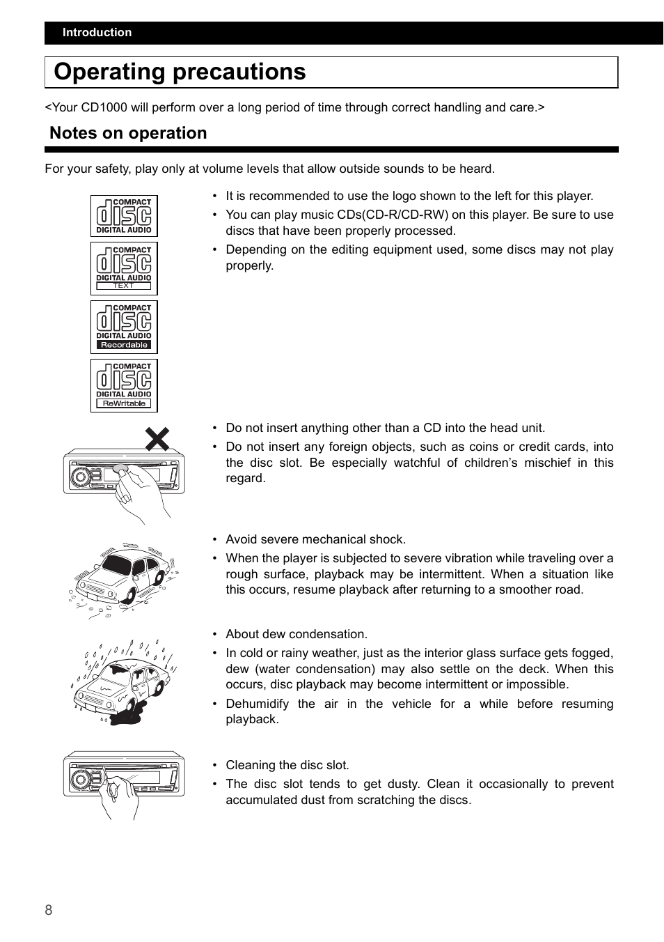 Operating precautions, Notes on operation | Eclipse - Fujitsu Ten CD1000 User Manual | Page 8 / 99