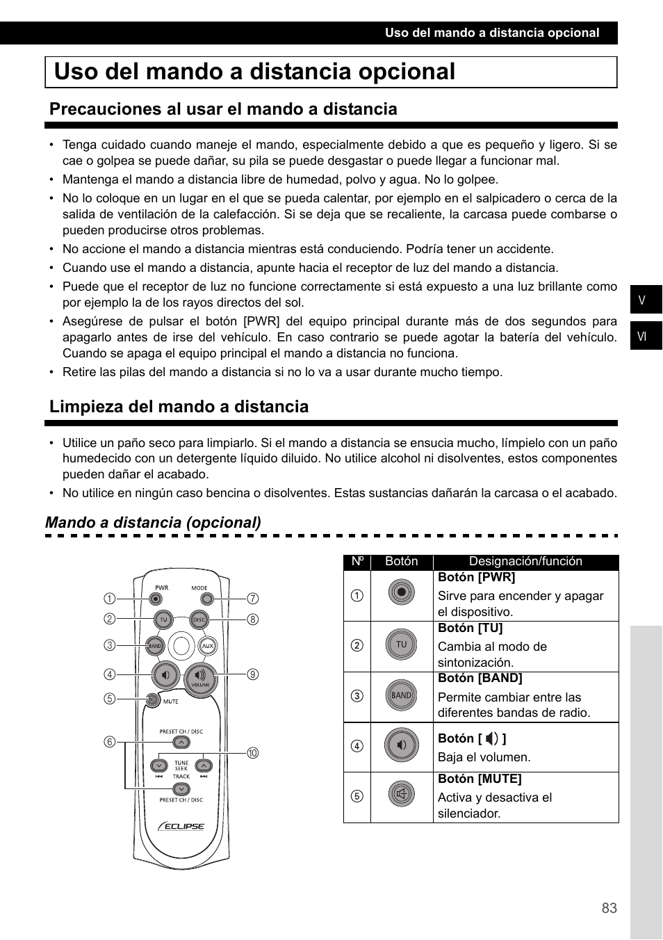 Uso del mando a distancia opcional, Precauciones al usar el mando a distancia, Limpieza del mando a distancia | Eclipse - Fujitsu Ten CD1000 User Manual | Page 83 / 99