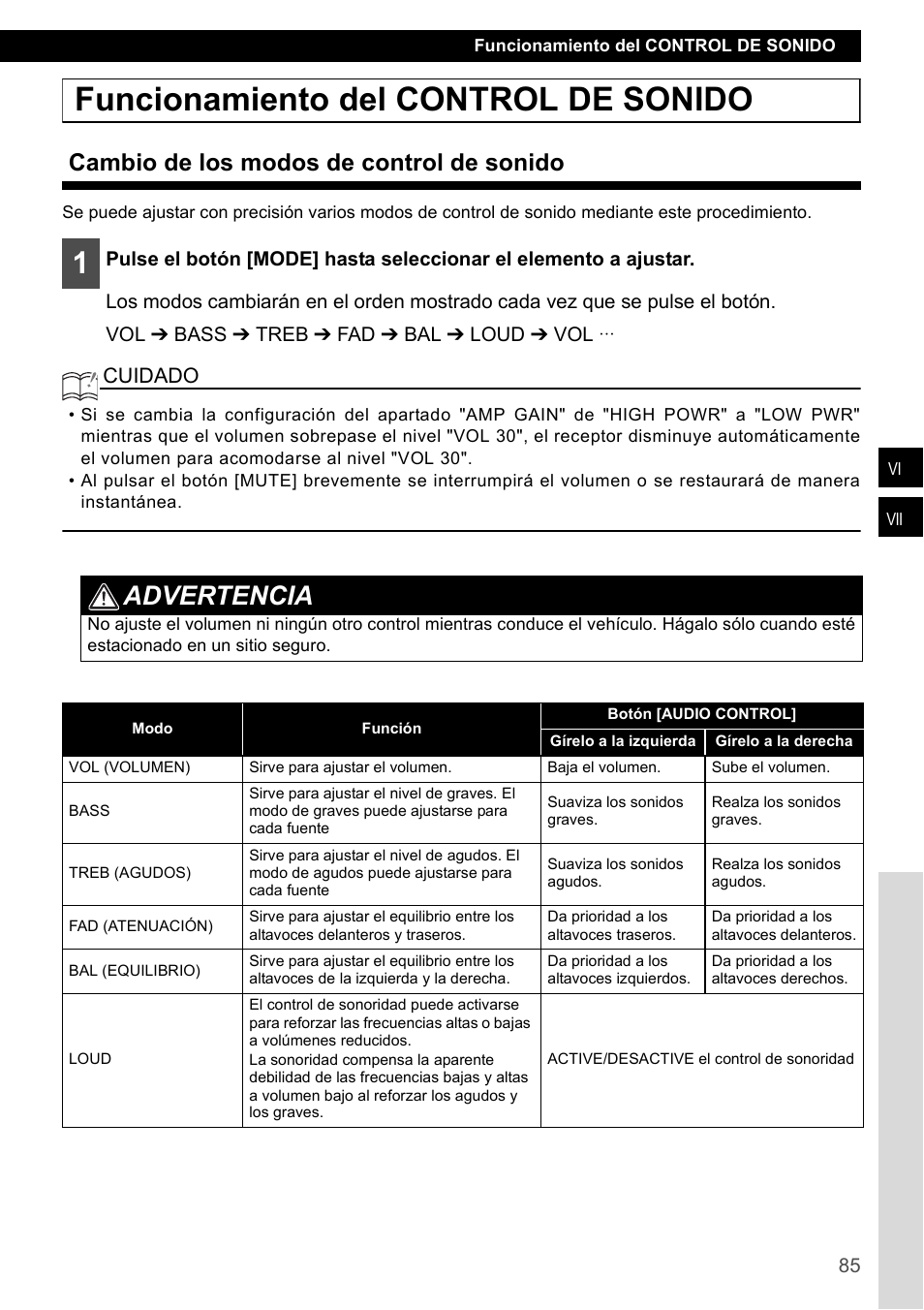 Funcionamiento del control de sonido, Cambio de los modos de control de sonido, Advertencia | Cuidado | Eclipse - Fujitsu Ten CD1000 User Manual | Page 85 / 99