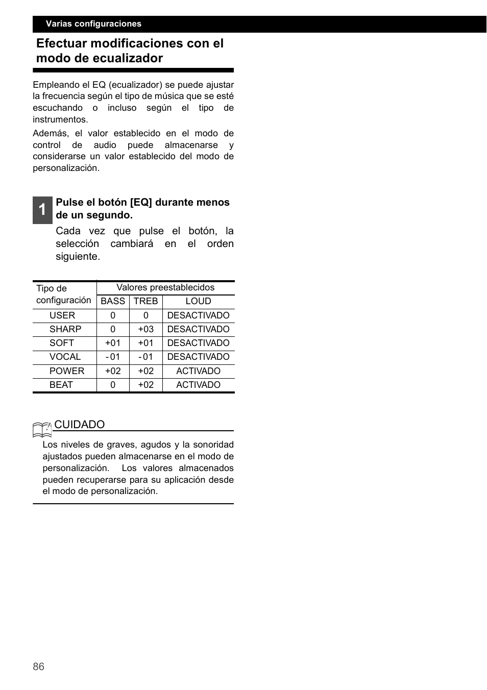 Efectuar modificaciones con el modo de ecualizador | Eclipse - Fujitsu Ten CD1000 User Manual | Page 86 / 99