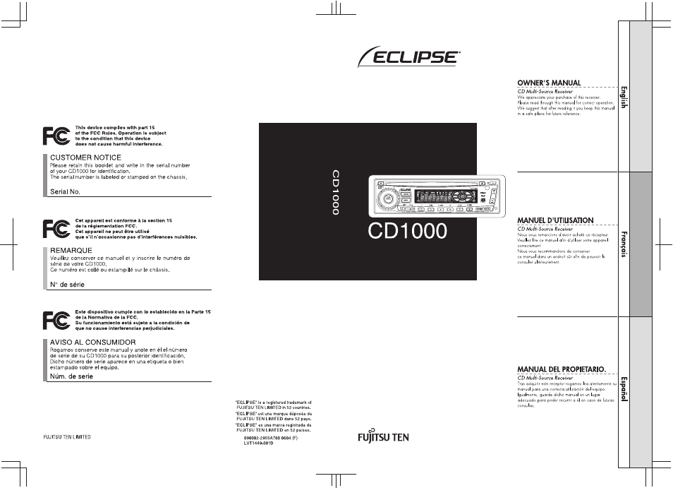 Eclipse - Fujitsu Ten CD1000 User Manual | Page 99 / 99