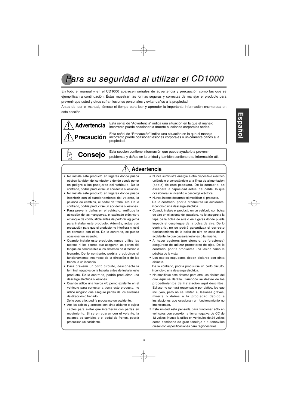 Consejo, Advertencia precaución, Advertencia | Eclipse - Fujitsu Ten CD1000 User Manual | Page 15 / 36