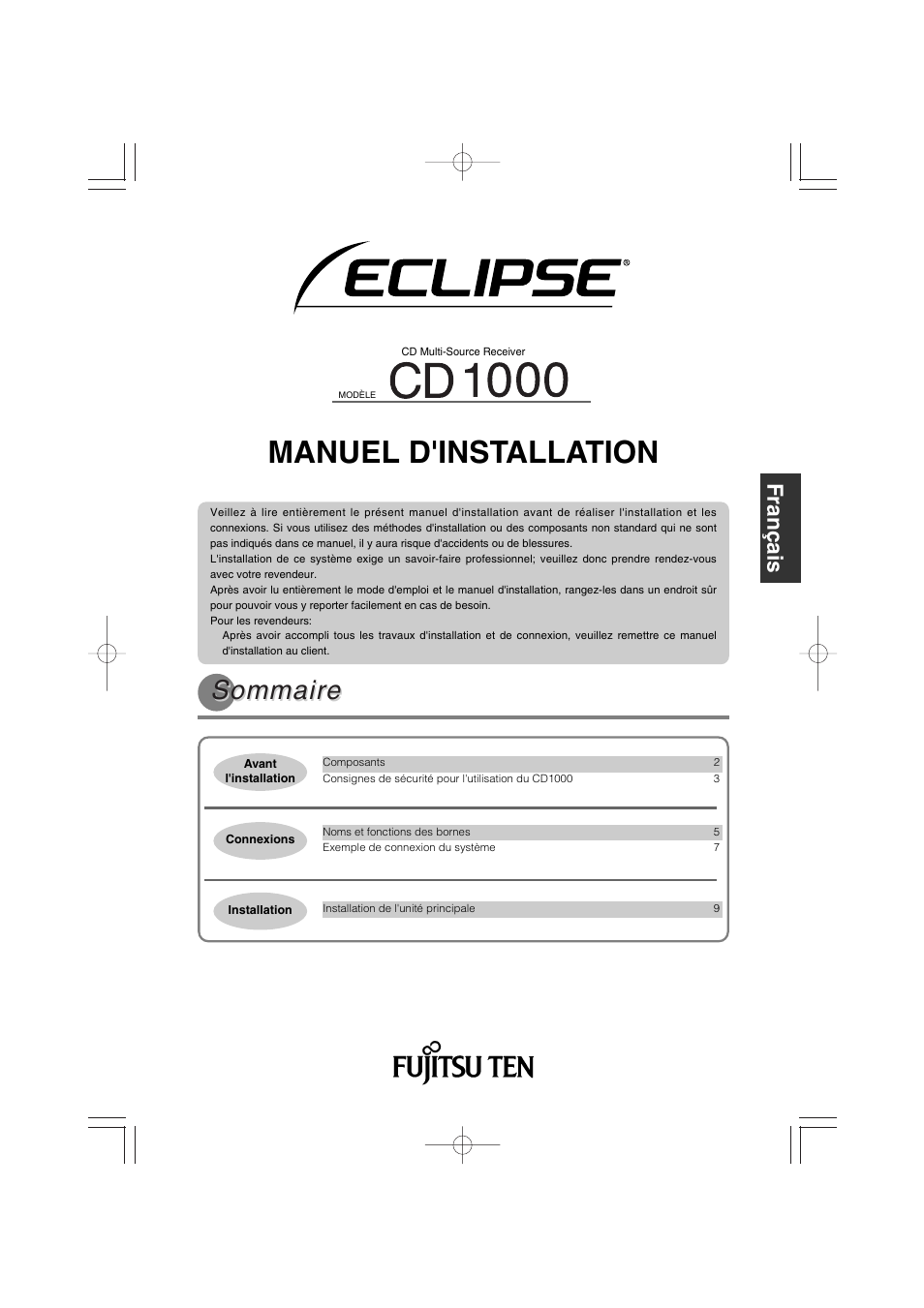 Manuel d'installation, Sommaire, Français italiano nederlands svenska | Deutsc h english français | Eclipse - Fujitsu Ten CD1000 User Manual | Page 25 / 36