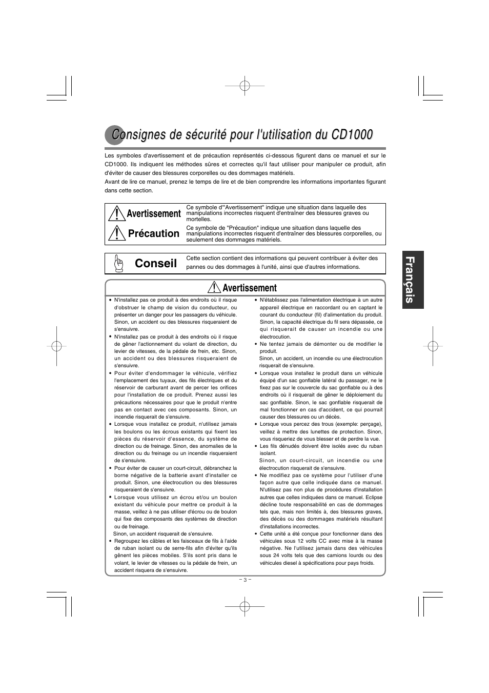 Consignes de sécur, Conseil, Avertissement précaution | Avertissement | Eclipse - Fujitsu Ten CD1000 User Manual | Page 27 / 36