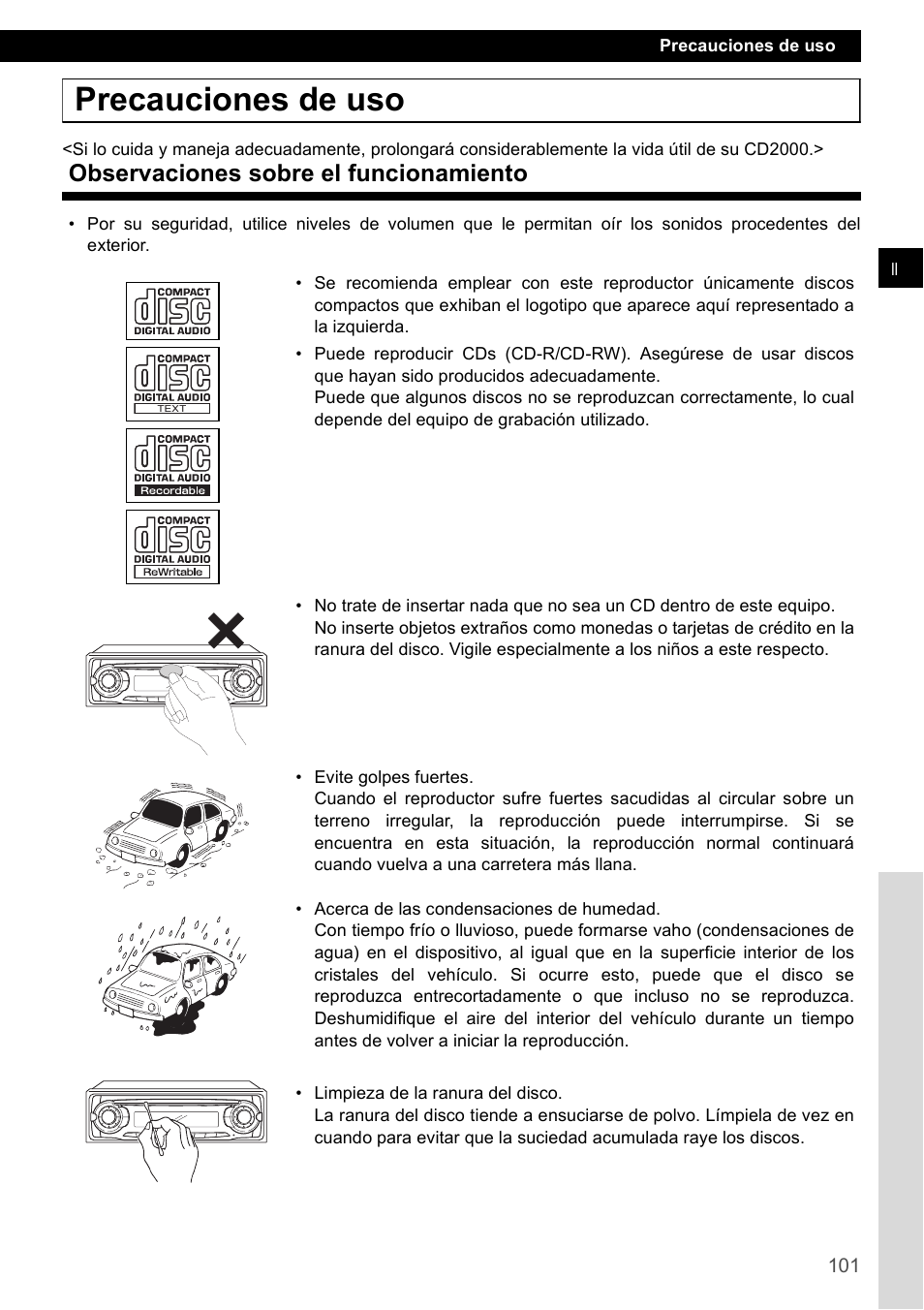 Precauciones de uso, Observaciones sobre el funcionamiento | Eclipse - Fujitsu Ten CD2000 User Manual | Page 101 / 141