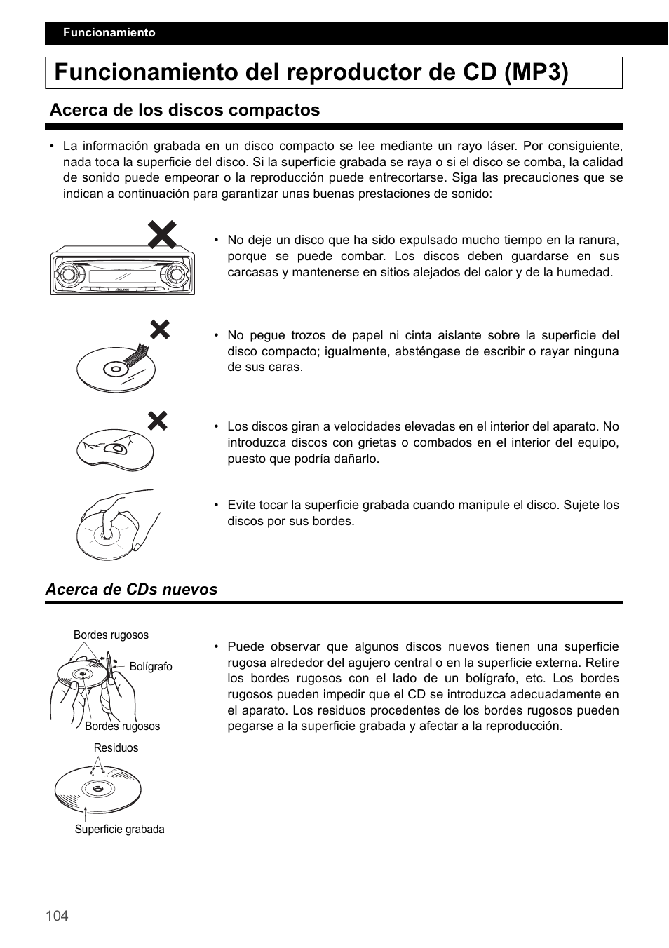 Funcionamiento del reproductor de cd (mp3), Acerca de los discos compactos, Acerca de cds nuevos | Eclipse - Fujitsu Ten CD2000 User Manual | Page 104 / 141