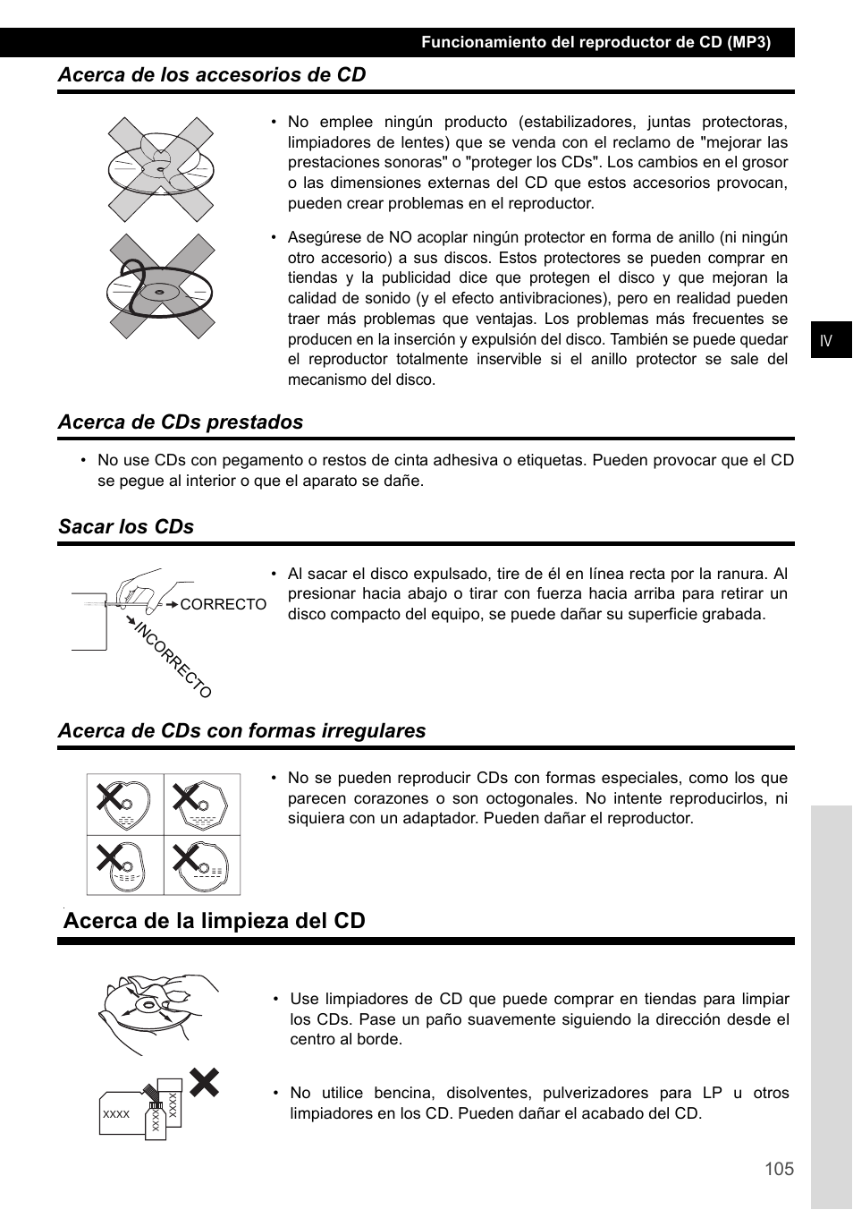 Acerca de los accesorios de cd, Acerca de cds prestados, Sacar los cds | Acerca de cds con formas irregulares, Acerca de la limpieza del cd, Sacar los cds acerca de cds con formas irregulares | Eclipse - Fujitsu Ten CD2000 User Manual | Page 105 / 141