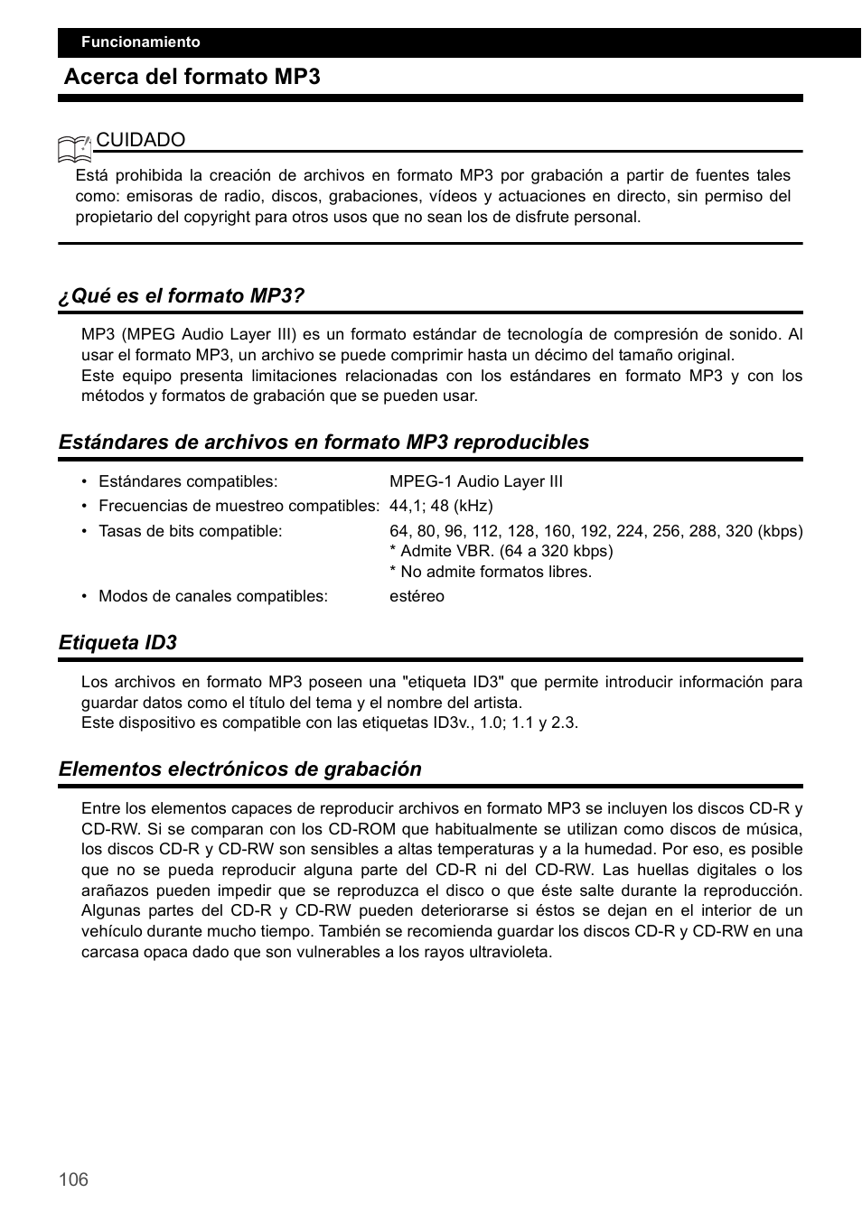 Acerca del formato mp3, Qué es el formato mp3, Etiqueta id3 | Elementos electrónicos de grabación | Eclipse - Fujitsu Ten CD2000 User Manual | Page 106 / 141