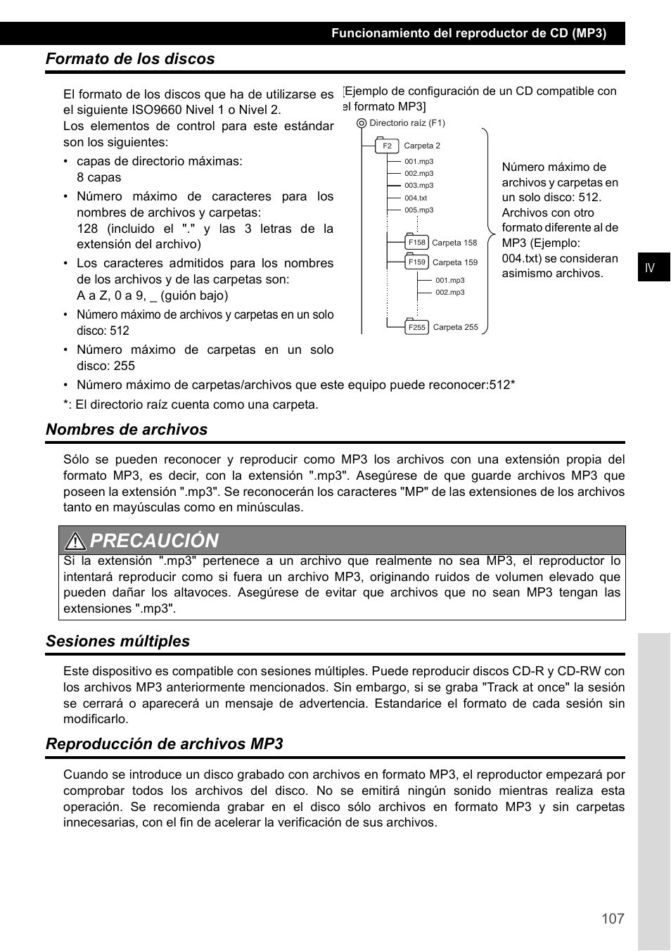 Formato de los discos, Nombres de archivos, Sesiones múltiples | Reproducción de archivos mp3, Precaución | Eclipse - Fujitsu Ten CD2000 User Manual | Page 107 / 141