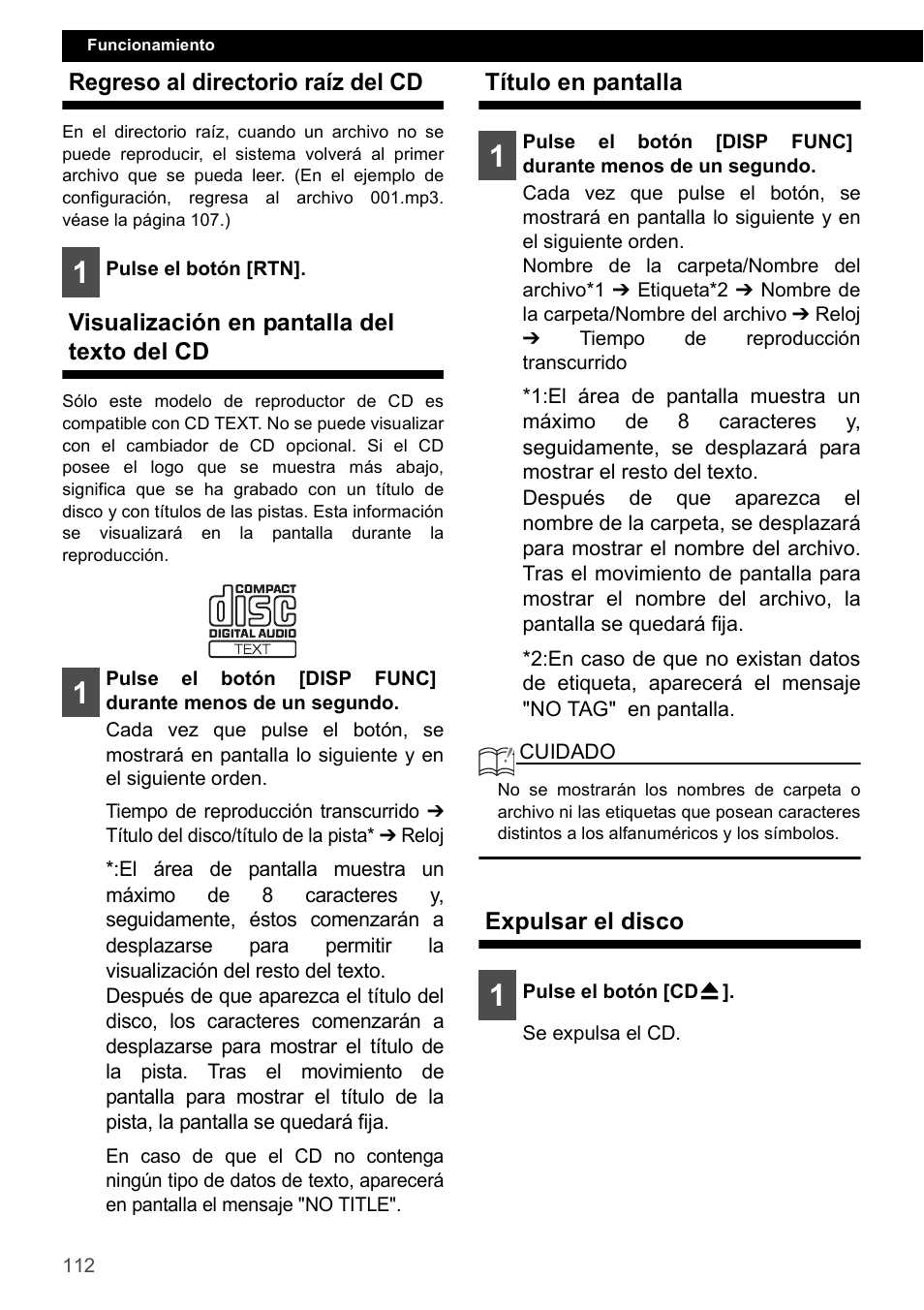 Regreso al directorio raíz del cd, Visualización en pantalla del texto del cd, Título en pantalla | Expulsar el disco | Eclipse - Fujitsu Ten CD2000 User Manual | Page 112 / 141