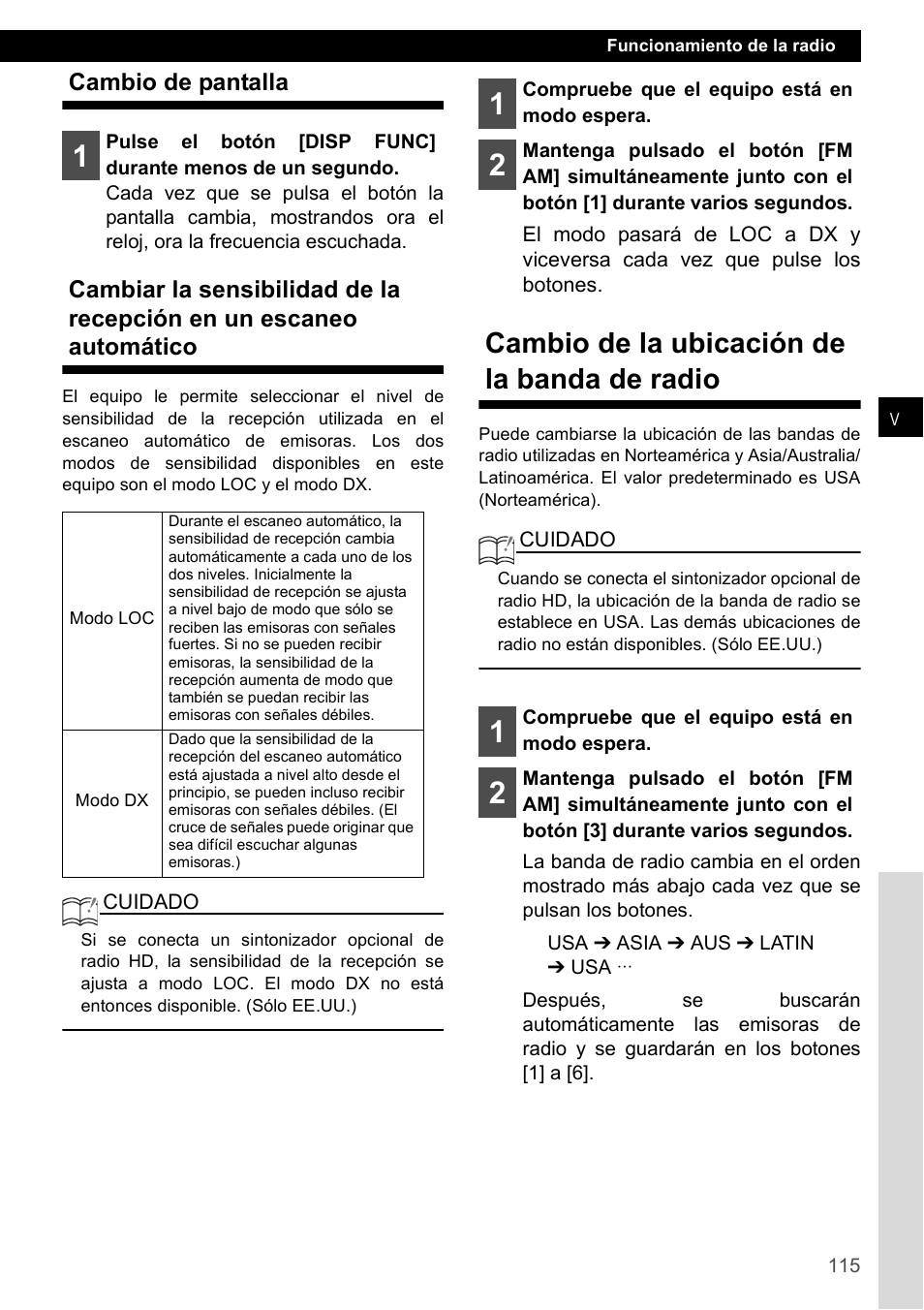 Cambio de pantalla, Cambio de la ubicación de la banda de radio | Eclipse - Fujitsu Ten CD2000 User Manual | Page 115 / 141