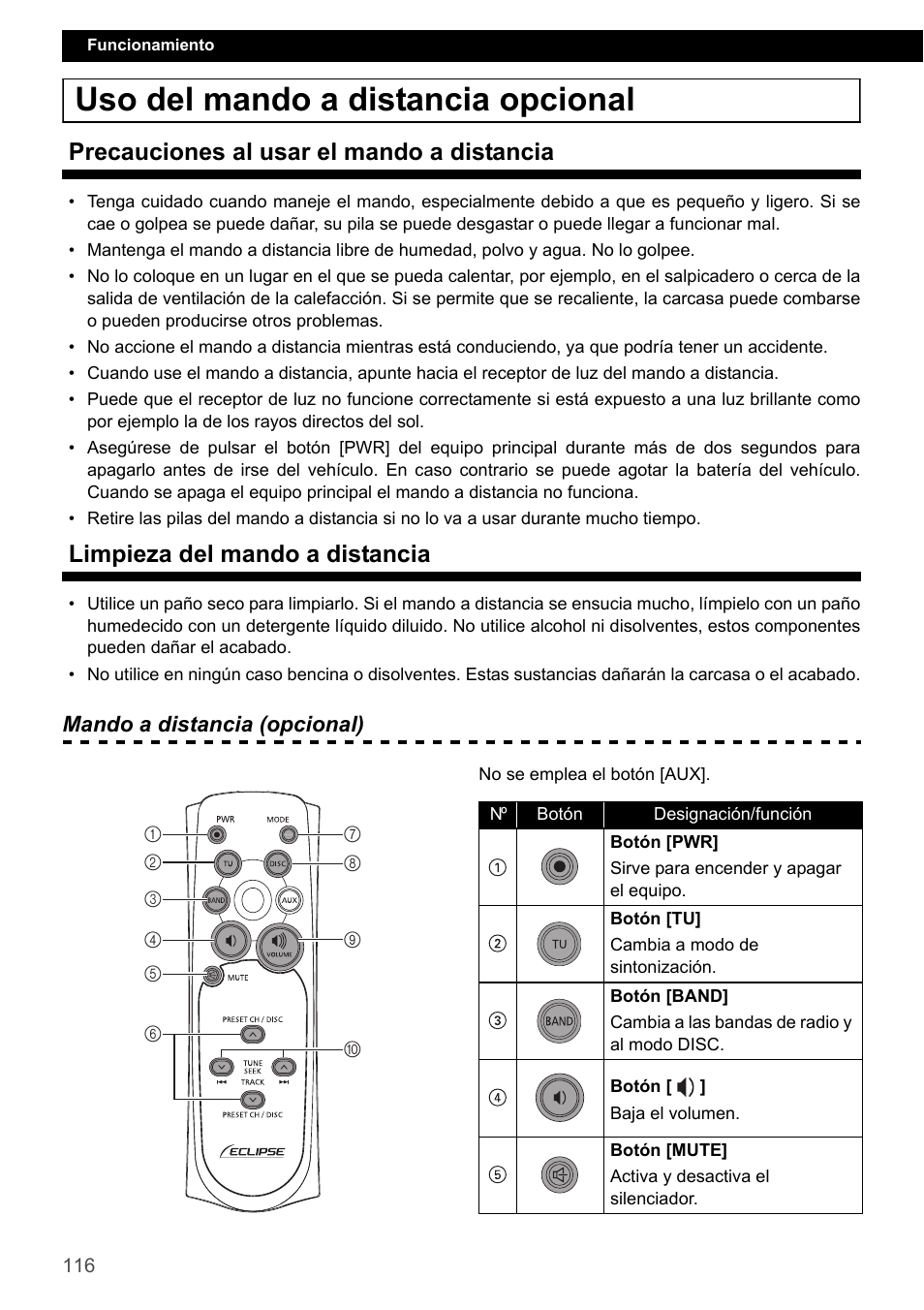 Uso del mando a distancia opcional, Precauciones al usar el mando a distancia, Limpieza del mando a distancia | Eclipse - Fujitsu Ten CD2000 User Manual | Page 116 / 141