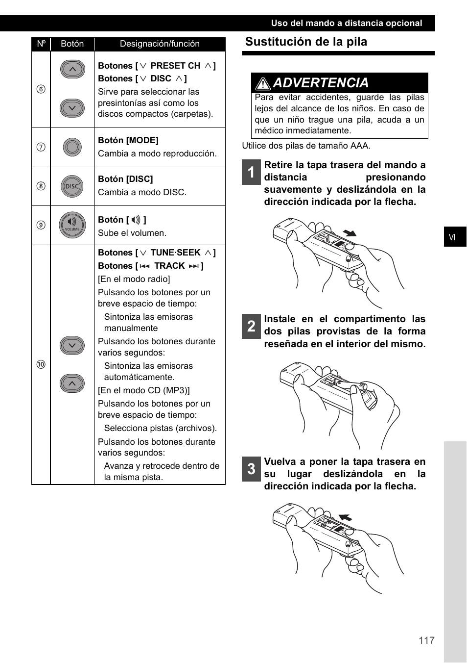 Sustitución de la pila, Advertencia | Eclipse - Fujitsu Ten CD2000 User Manual | Page 117 / 141