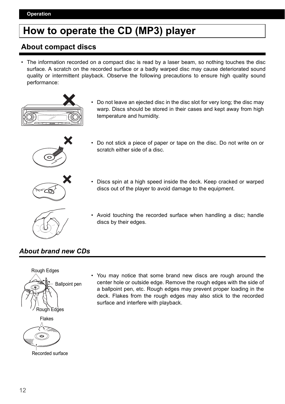 How to operate the cd (mp3) player, About compact discs, About brand new cds | Eclipse - Fujitsu Ten CD2000 User Manual | Page 12 / 141