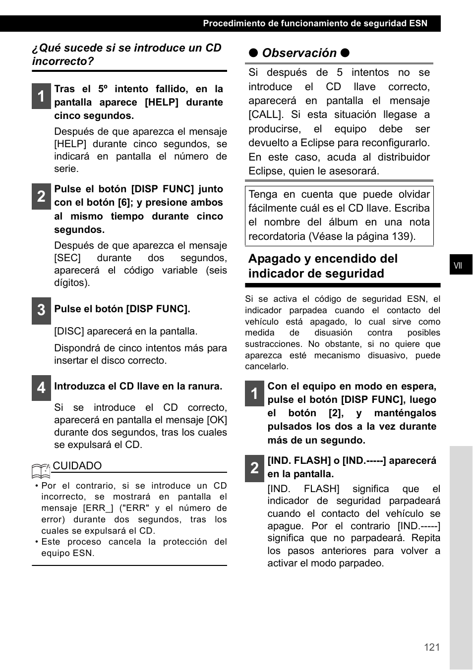 Qué sucede si se introduce un cd incorrecto, Apagado y encendido del indicador de seguridad | Eclipse - Fujitsu Ten CD2000 User Manual | Page 121 / 141