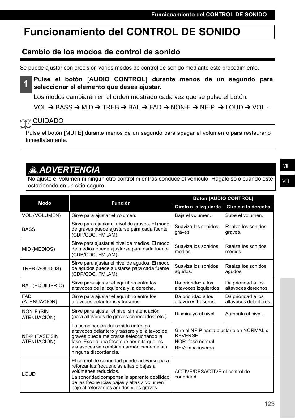 Funcionamiento del control de sonido, Cambio de los modos de control de sonido, Advertencia | Cuidado | Eclipse - Fujitsu Ten CD2000 User Manual | Page 123 / 141