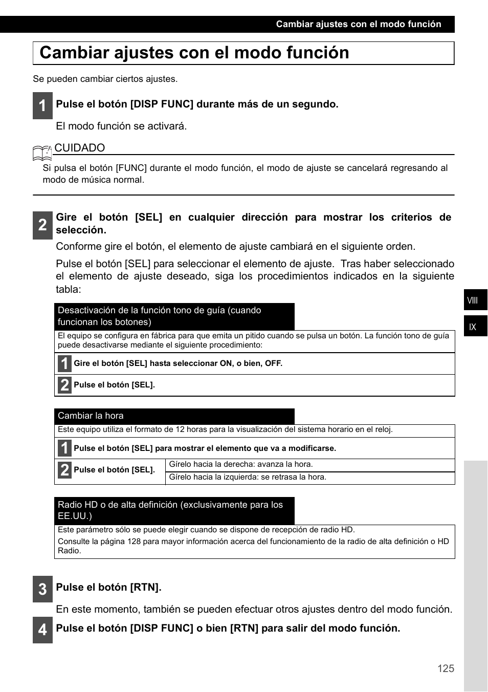 Cambiar ajustes con el modo función | Eclipse - Fujitsu Ten CD2000 User Manual | Page 125 / 141