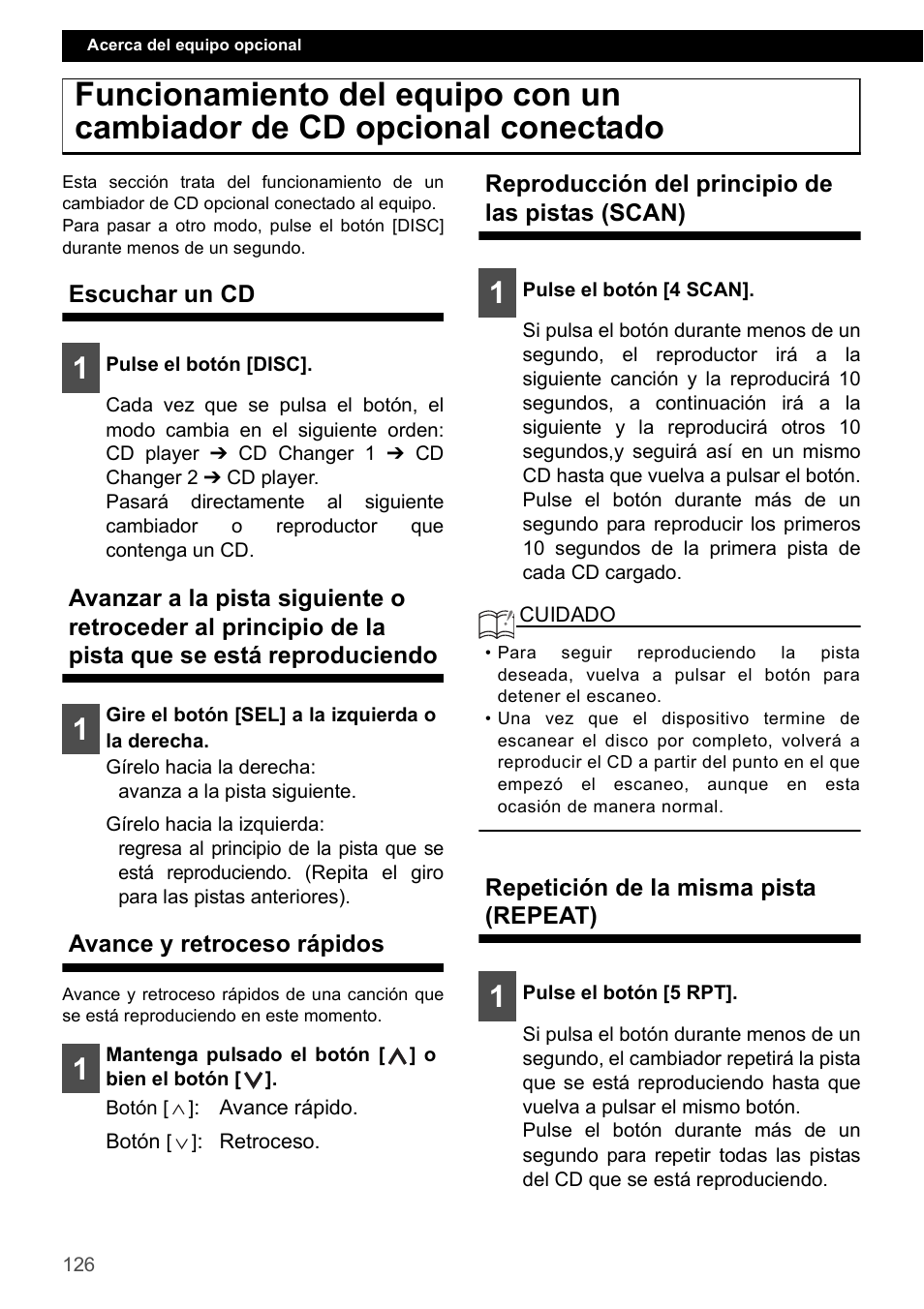 Escuchar un cd, Avance y retroceso rápidos, Reproducción del principio de las pistas (scan) | Repetición de la misma pista (repeat) | Eclipse - Fujitsu Ten CD2000 User Manual | Page 126 / 141