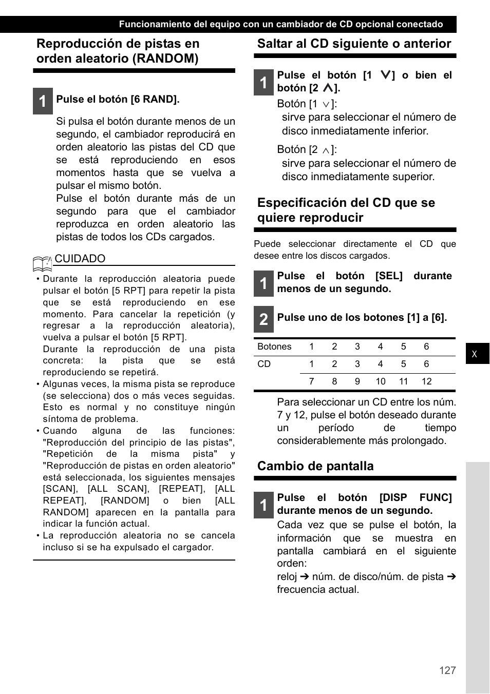 Reproducción de pistas en orden aleatorio (random), Saltar al cd siguiente o anterior, Especificación del cd que se quiere reproducir | Cambio de pantalla | Eclipse - Fujitsu Ten CD2000 User Manual | Page 127 / 141