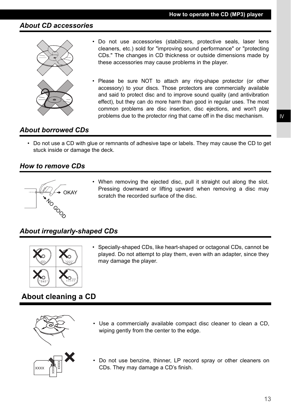 About cd accessories, About borrowed cds, How to remove cds | About irregularly-shaped cds, About cleaning a cd, About cd accessories about borrowed cds, How to remove cds about irregularly-shaped cds | Eclipse - Fujitsu Ten CD2000 User Manual | Page 13 / 141