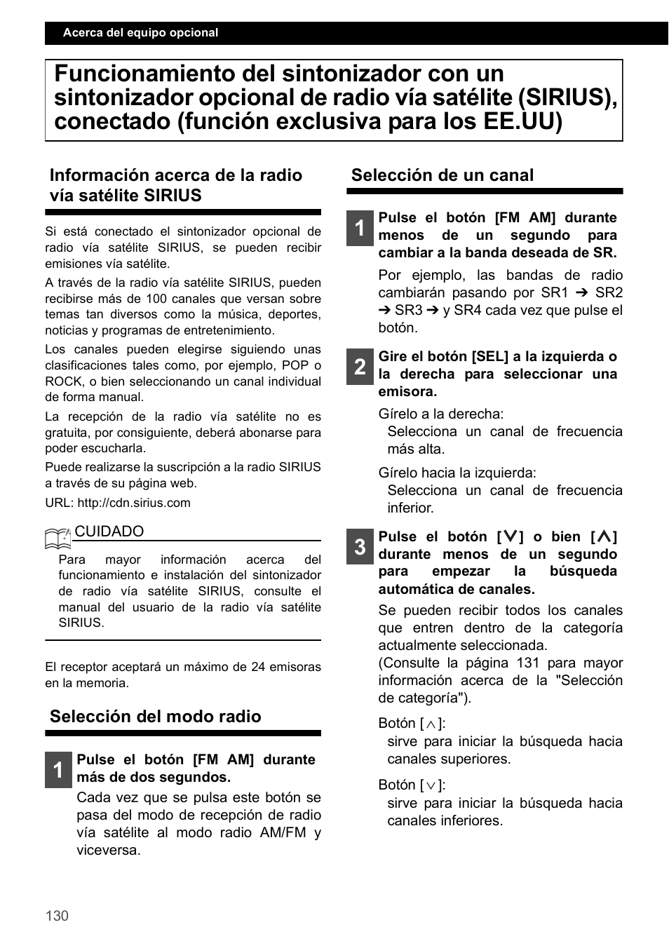 Información acerca de la radio vía satélite sirius, Selección del modo radio, Selección de un canal | Eclipse - Fujitsu Ten CD2000 User Manual | Page 130 / 141