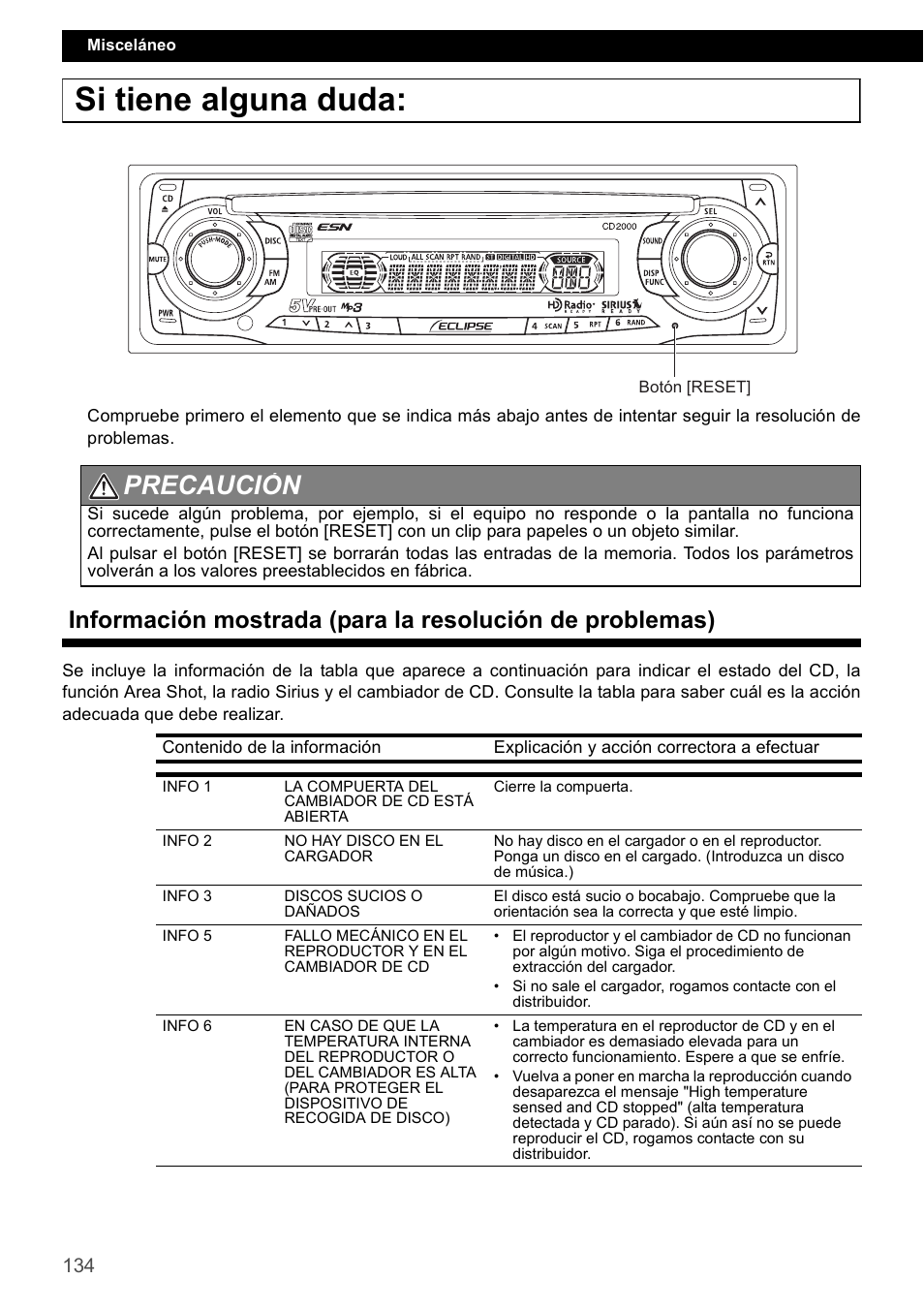 Si tiene alguna duda, Precaución | Eclipse - Fujitsu Ten CD2000 User Manual | Page 134 / 141