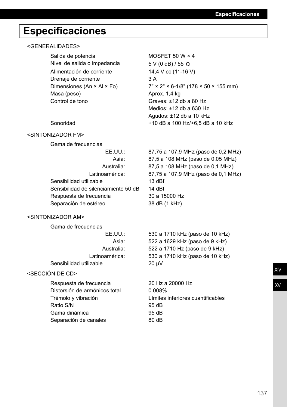 Especificaciones | Eclipse - Fujitsu Ten CD2000 User Manual | Page 137 / 141